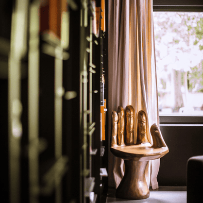 photo de l'intérieur ICook montrant une chaise en forme de main doré